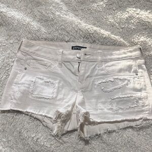 Express Women's Light Cream Distressed Jean Shorts